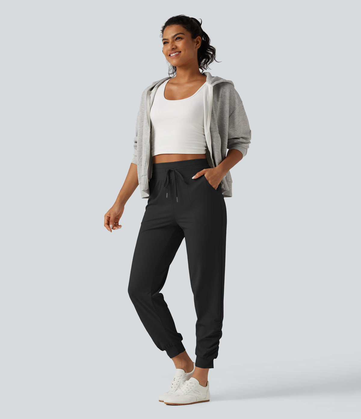 High Waisted Drawstring Ruched Yoga Joggers with Pockets — Black — view 7