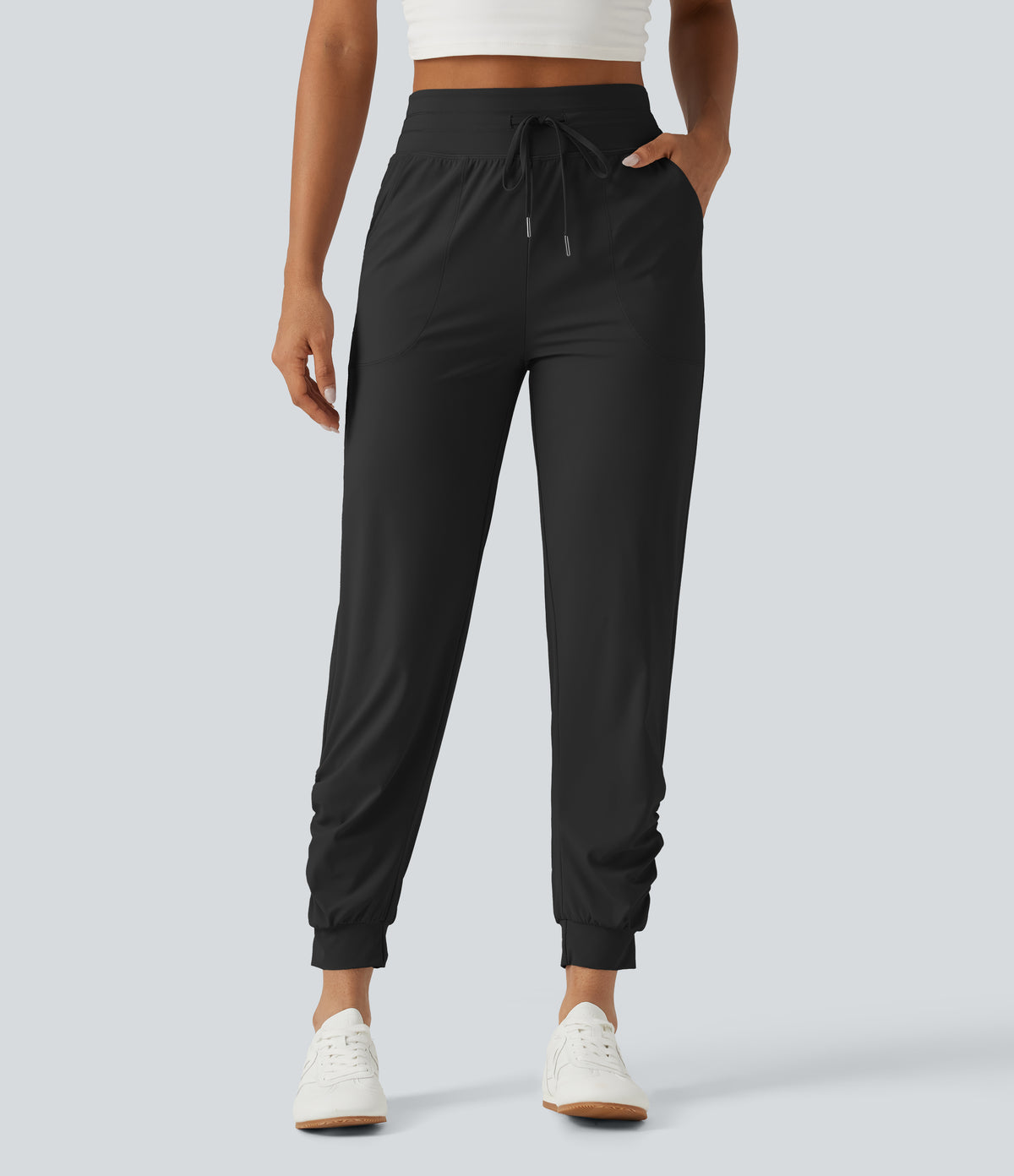 High Waisted Drawstring Ruched Yoga Joggers with Pockets — Black — view 1