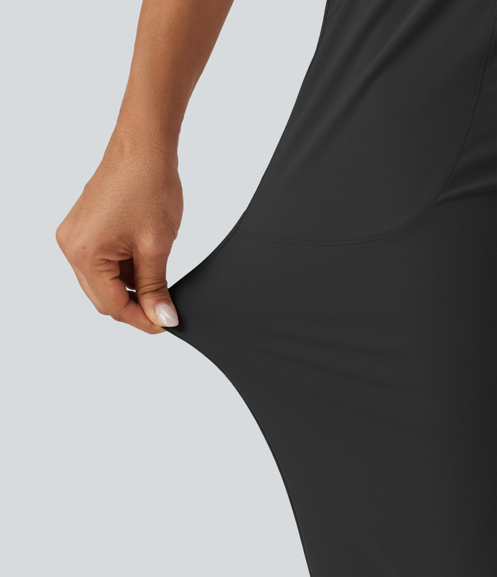 High Waisted Drawstring Ruched Yoga Joggers with Pockets — Black — view 6