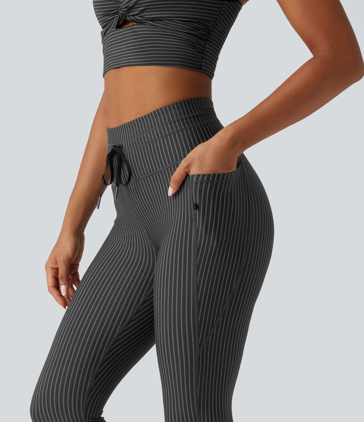 High Waisted Drawstring Stripe Yoga Leggings with Pockets — Steel Stripe — view 4