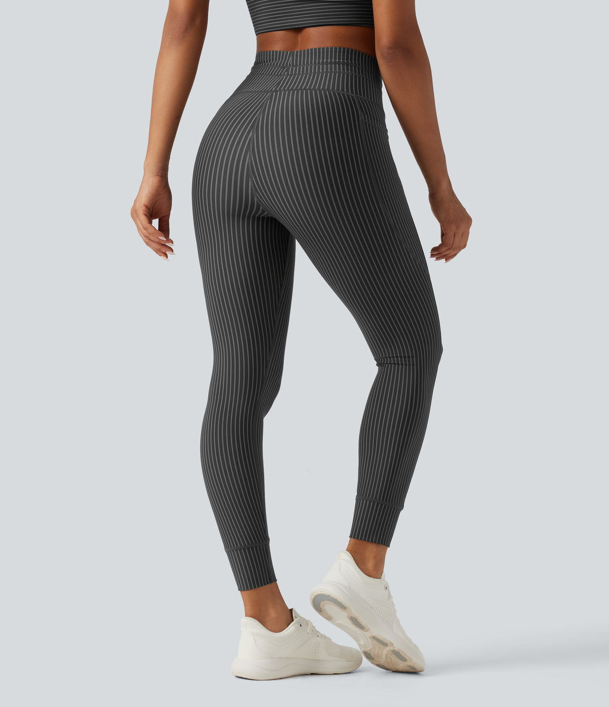 High Waisted Drawstring Stripe Yoga Leggings with Pockets — Steel Stripe — view 2