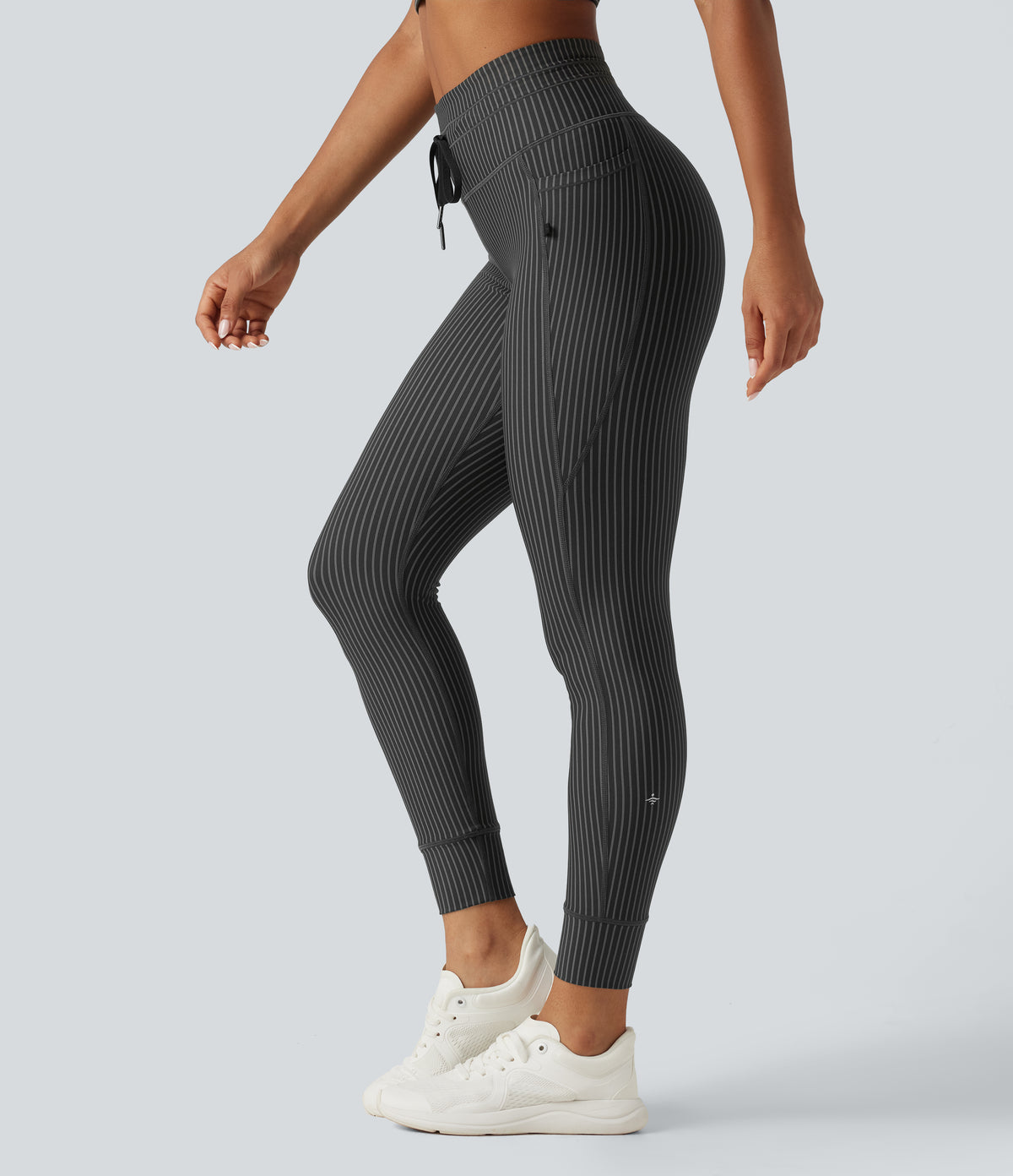 High Waisted Drawstring Stripe Yoga Leggings with Pockets — Steel Stripe — view 1