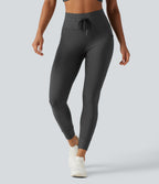 High Waisted Drawstring Stripe Yoga Leggings with Pockets — Steel Stripe — view 3