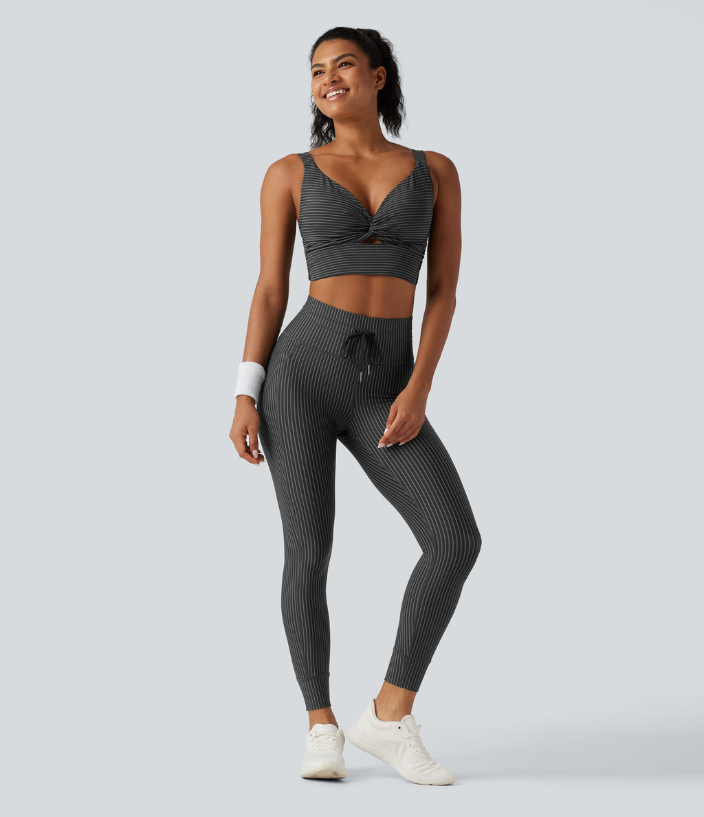 High Waisted Drawstring Stripe Yoga Leggings with Pockets — Steel Stripe — view 7
