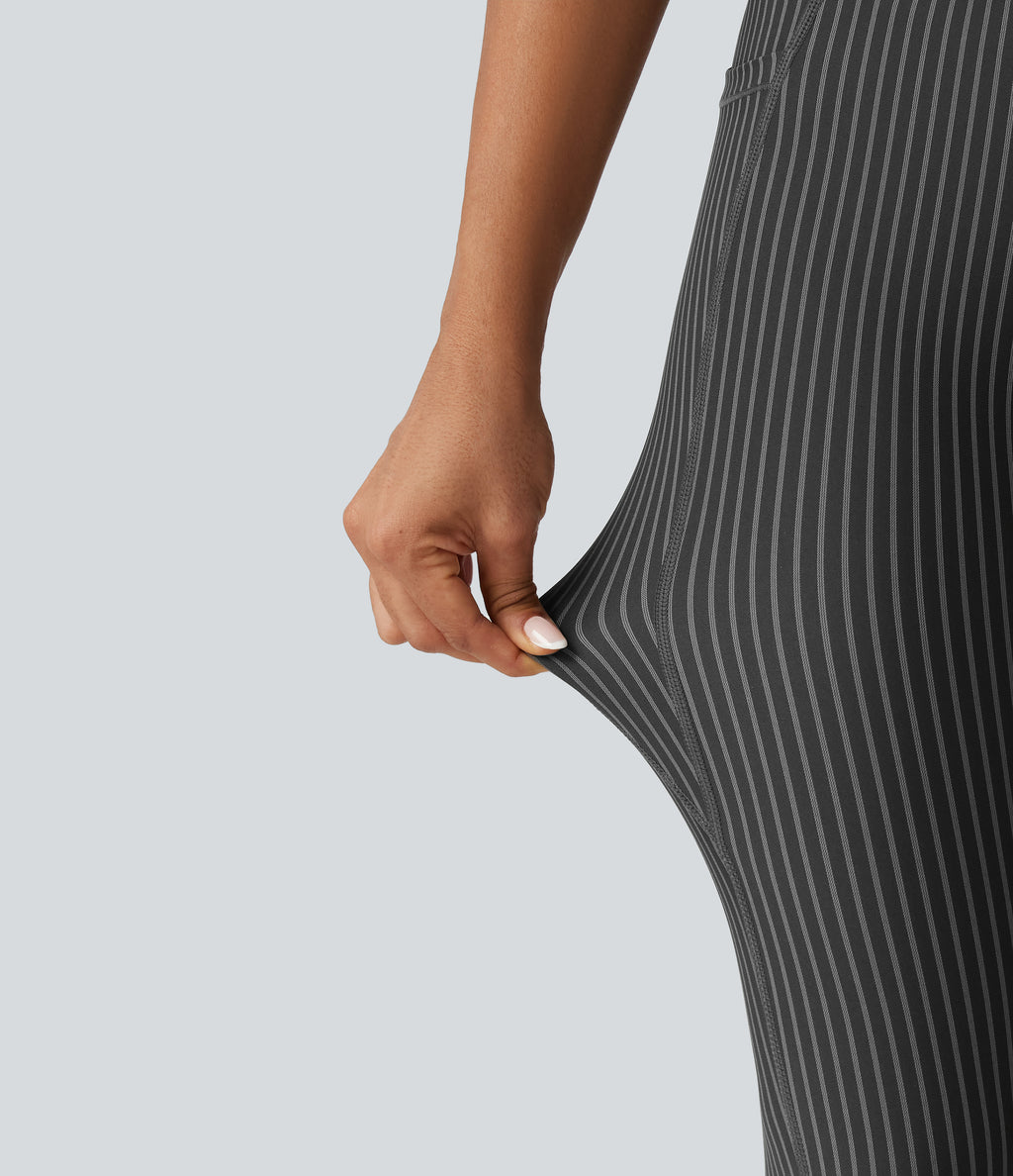 High Waisted Drawstring Stripe Yoga Leggings with Pockets — Steel Stripe — view 6