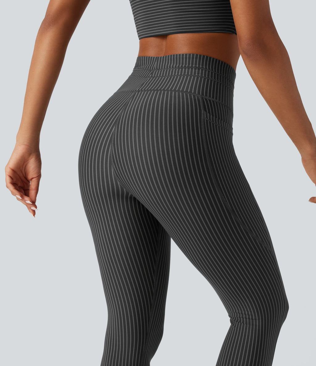 High Waisted Drawstring Stripe Yoga Leggings with Pockets — Steel Stripe — view 5