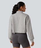 Mock Neck Long Sleeve Relaxed Cropped Casual Sweatshirt — Fog Gray — view 2