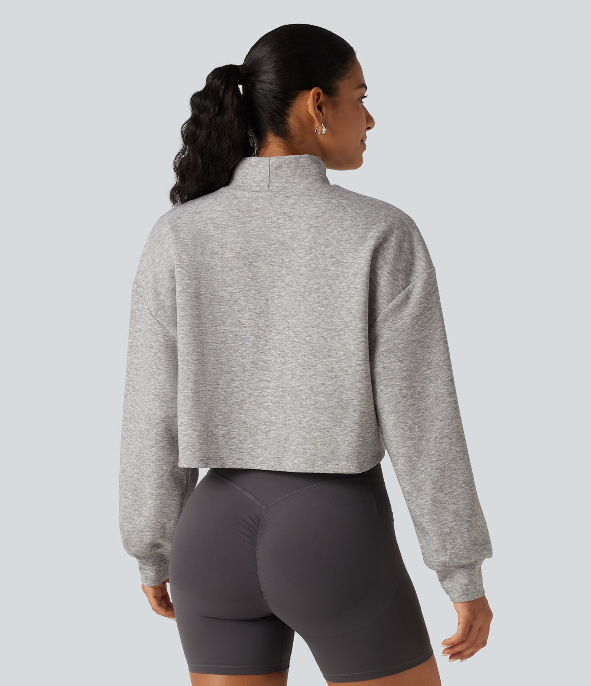 Mock Neck Long Sleeve Relaxed Cropped Casual Sweatshirt — Fog Gray — view 2