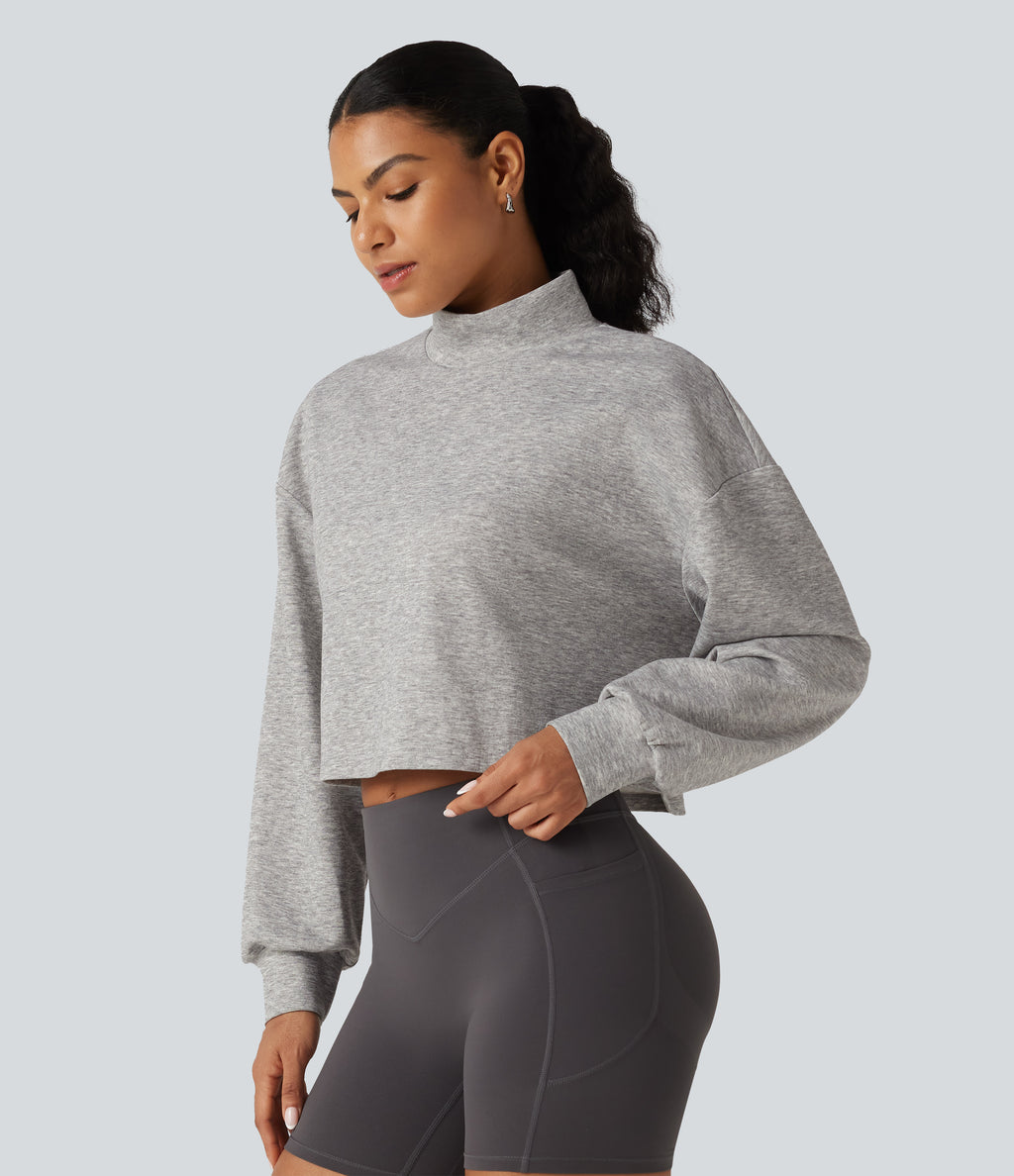 Mock Neck Long Sleeve Relaxed Cropped Casual Sweatshirt — Fog Gray — view 1