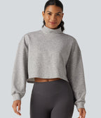 Mock Neck Long Sleeve Relaxed Cropped Casual Sweatshirt — Fog Gray — view 4