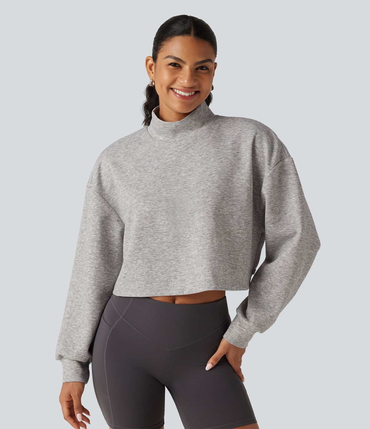 Mock Neck Long Sleeve Relaxed Cropped Casual Sweatshirt — Fog Gray — view 3