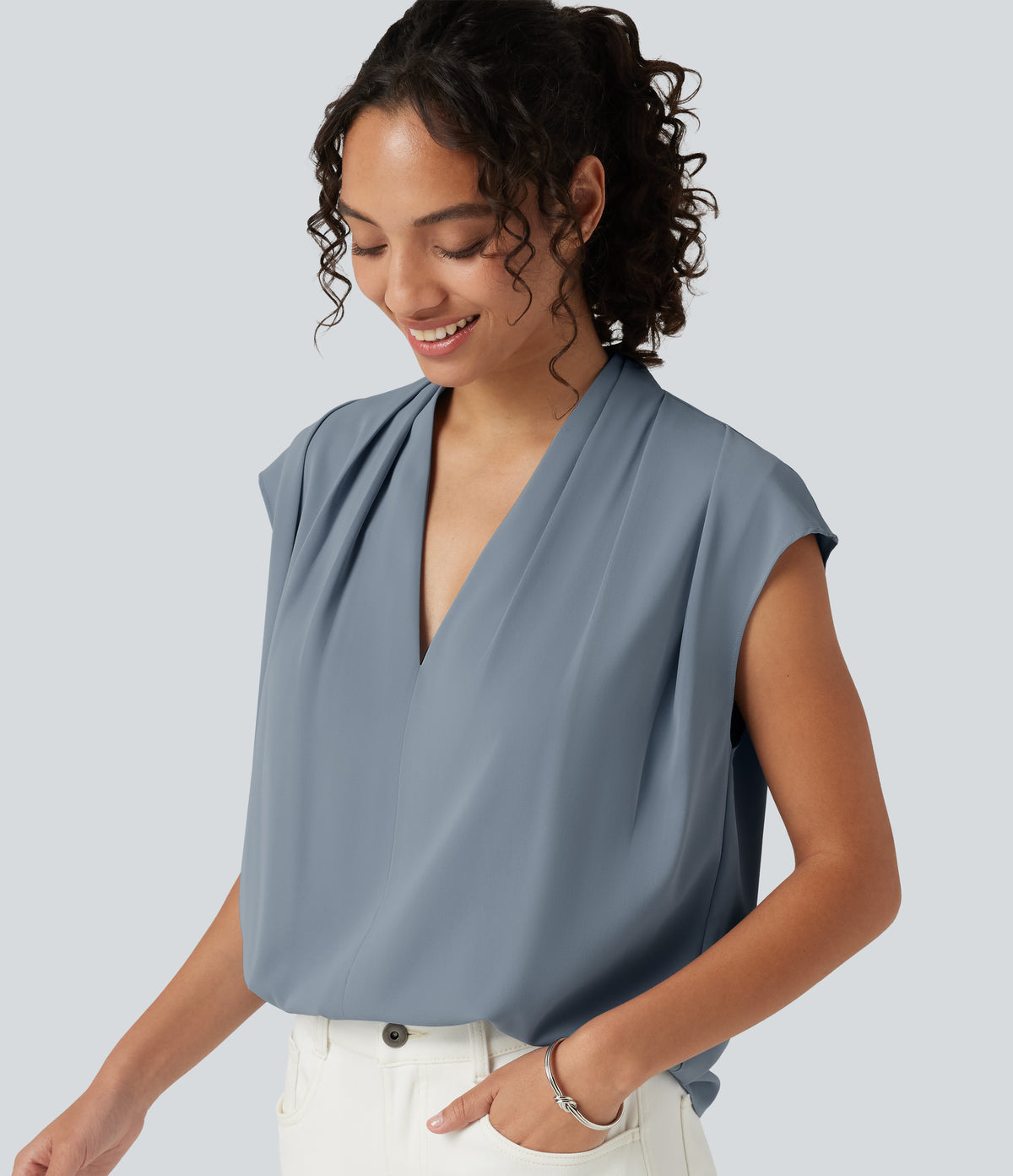 Wrinkle Recovery V Neck Sleeveless Ruched Boxy Casual Blouse — Mountain Spring — view 1