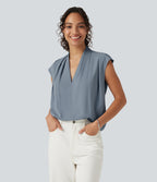 Wrinkle Recovery V Neck Sleeveless Ruched Boxy Casual Blouse — Mountain Spring — view 3