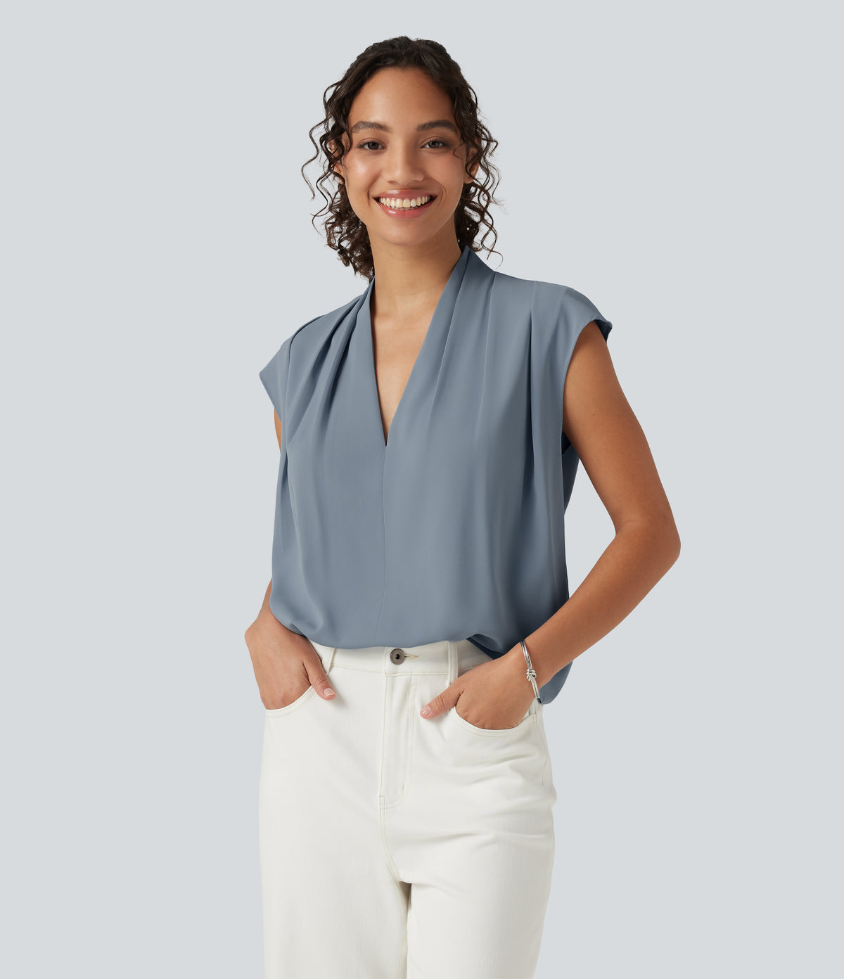 Wrinkle Recovery V Neck Sleeveless Ruched Boxy Casual Blouse — Mountain Spring — view 3