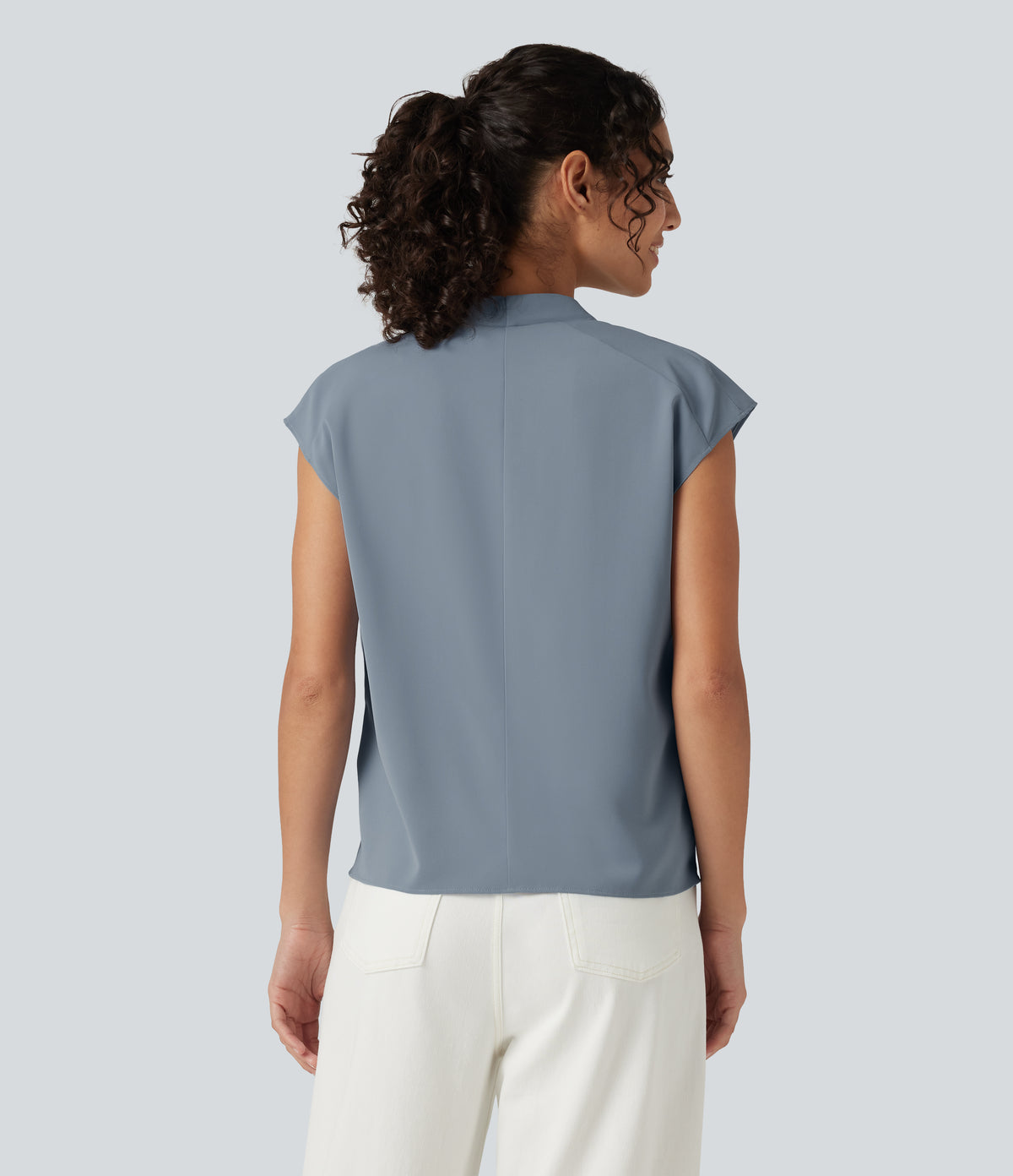 Wrinkle Recovery V Neck Sleeveless Ruched Boxy Casual Blouse — Mountain Spring — view 2