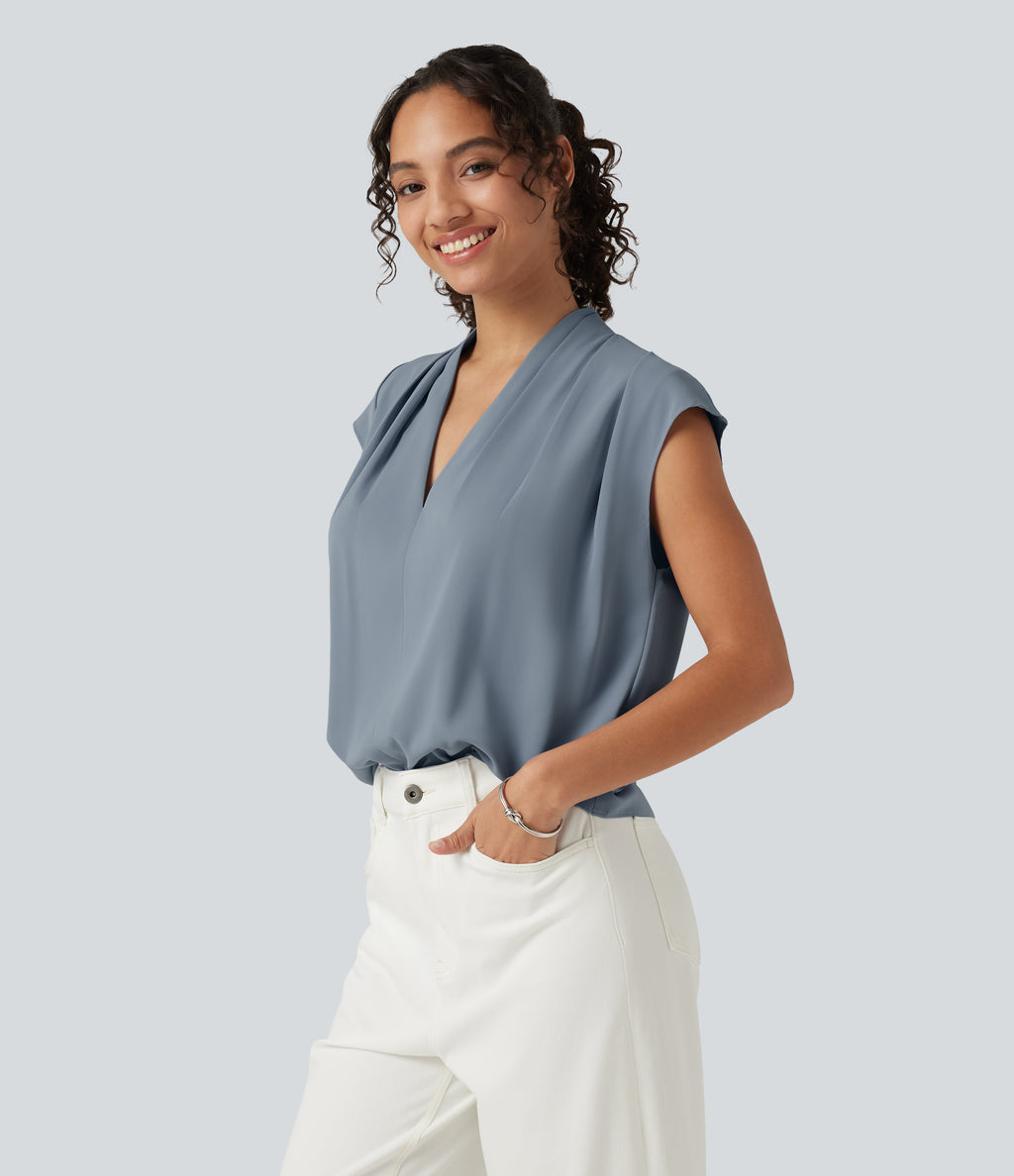 Wrinkle Recovery V Neck Sleeveless Ruched Boxy Casual Blouse — Mountain Spring — view 4
