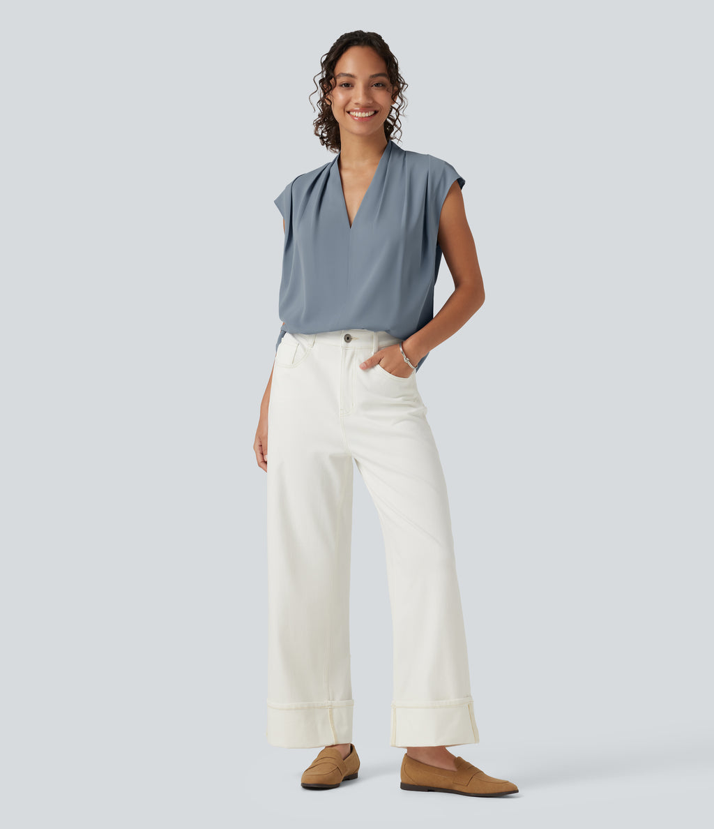 Wrinkle Recovery V Neck Sleeveless Ruched Boxy Casual Blouse — Mountain Spring — view 6