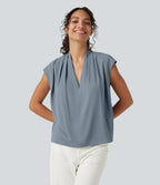 Wrinkle Recovery V Neck Sleeveless Ruched Boxy Casual Blouse — Mountain Spring — view 5