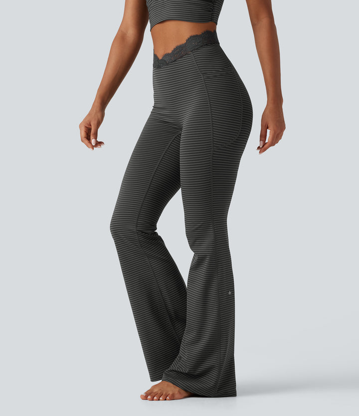 V-Shaped High Waisted Contrast Lace Stripe Yoga Flare Leggings with Pockets — Steel Stripe — view 1