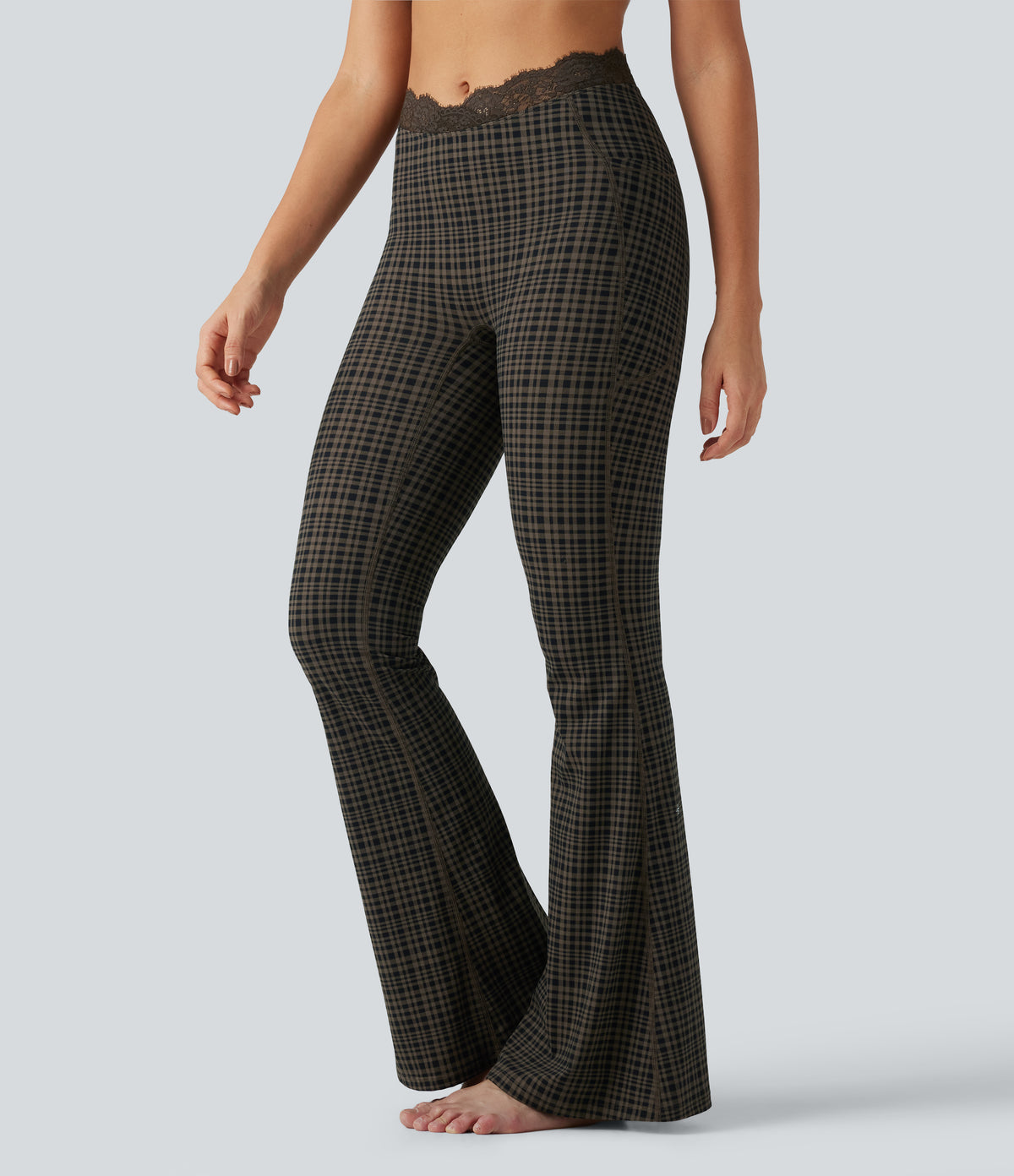 Plaid Print V-Shaped High Waisted Contrast Lace Yoga Flare Leggings with Pockets — Sandstone Check Plaid — view 1