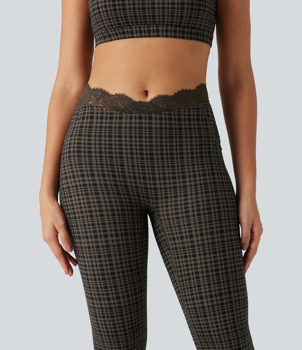 Plaid Print V-Shaped High Waisted Contrast Lace Yoga Flare Leggings with Pockets — Sandstone Check Plaid — view 6