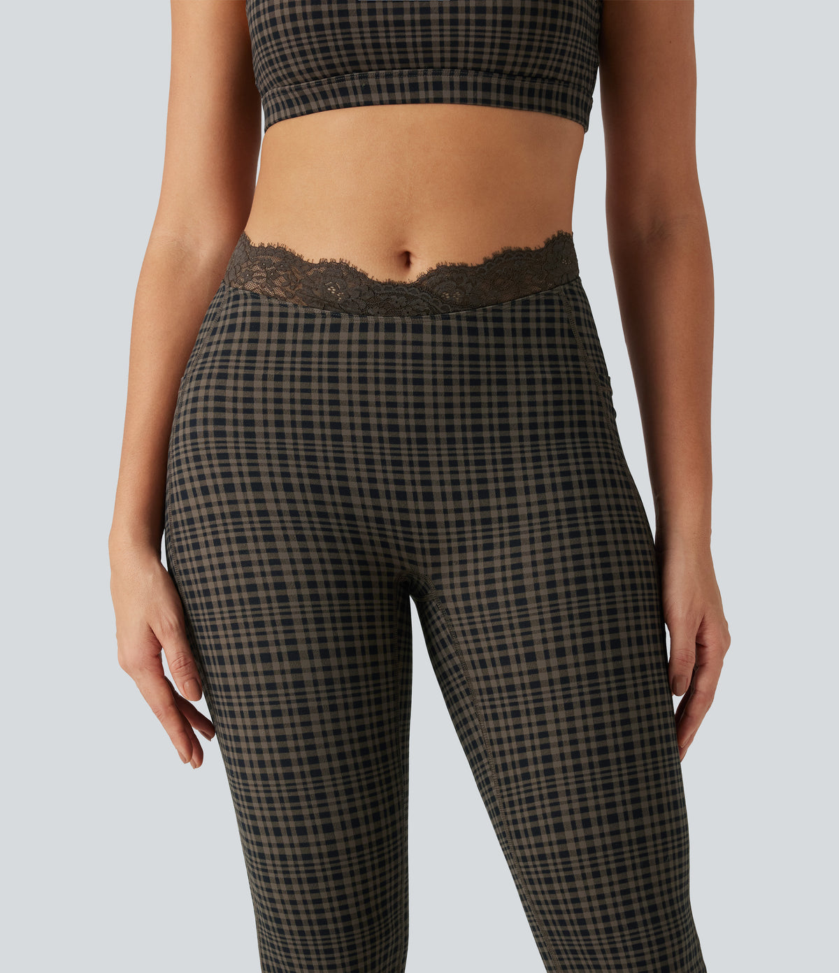 Plaid Print V-Shaped High Waisted Contrast Lace Yoga Flare Leggings with Pockets — Sandstone Check Plaid — view 6