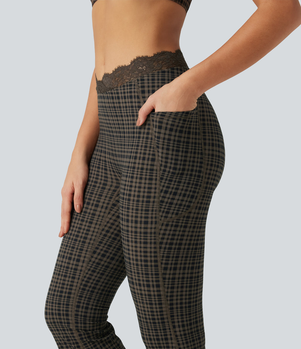 Plaid Print V-Shaped High Waisted Contrast Lace Yoga Flare Leggings with Pockets — Sandstone Check Plaid — view 4