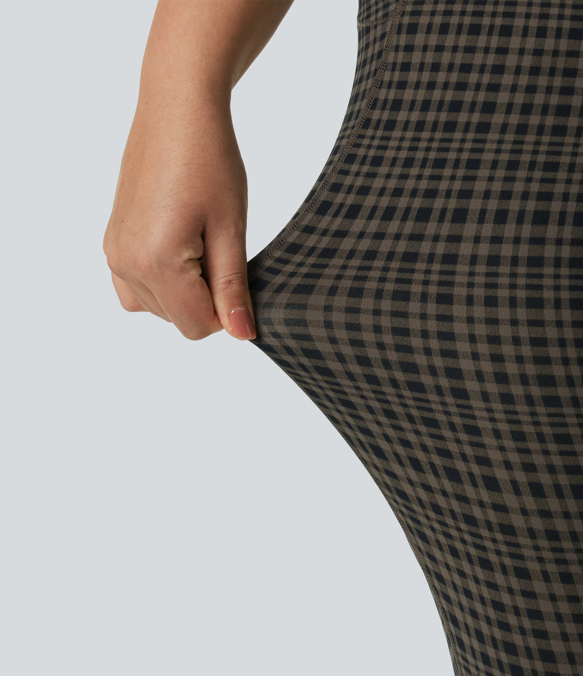 Plaid Print V-Shaped High Waisted Contrast Lace Yoga Flare Leggings with Pockets — Sandstone Check Plaid — view 7