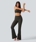 Plaid Print V-Shaped High Waisted Contrast Lace Yoga Flare Leggings with Pockets — Sandstone Check Plaid — view 8