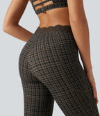Plaid Print V-Shaped High Waisted Contrast Lace Yoga Flare Leggings with Pockets — Sandstone Check Plaid — view 5