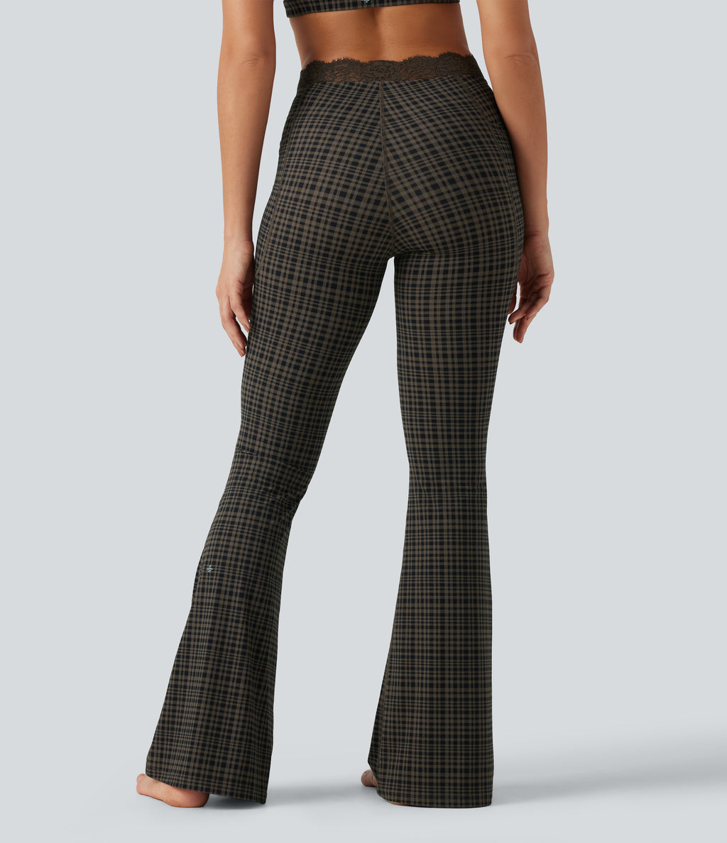 Plaid Print V-Shaped High Waisted Contrast Lace Yoga Flare Leggings with Pockets — Sandstone Check Plaid — view 2