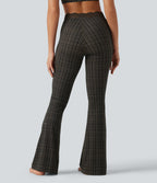 Plaid Print V-Shaped High Waisted Contrast Lace Yoga Flare Leggings with Pockets — Sandstone Check Plaid — view 2