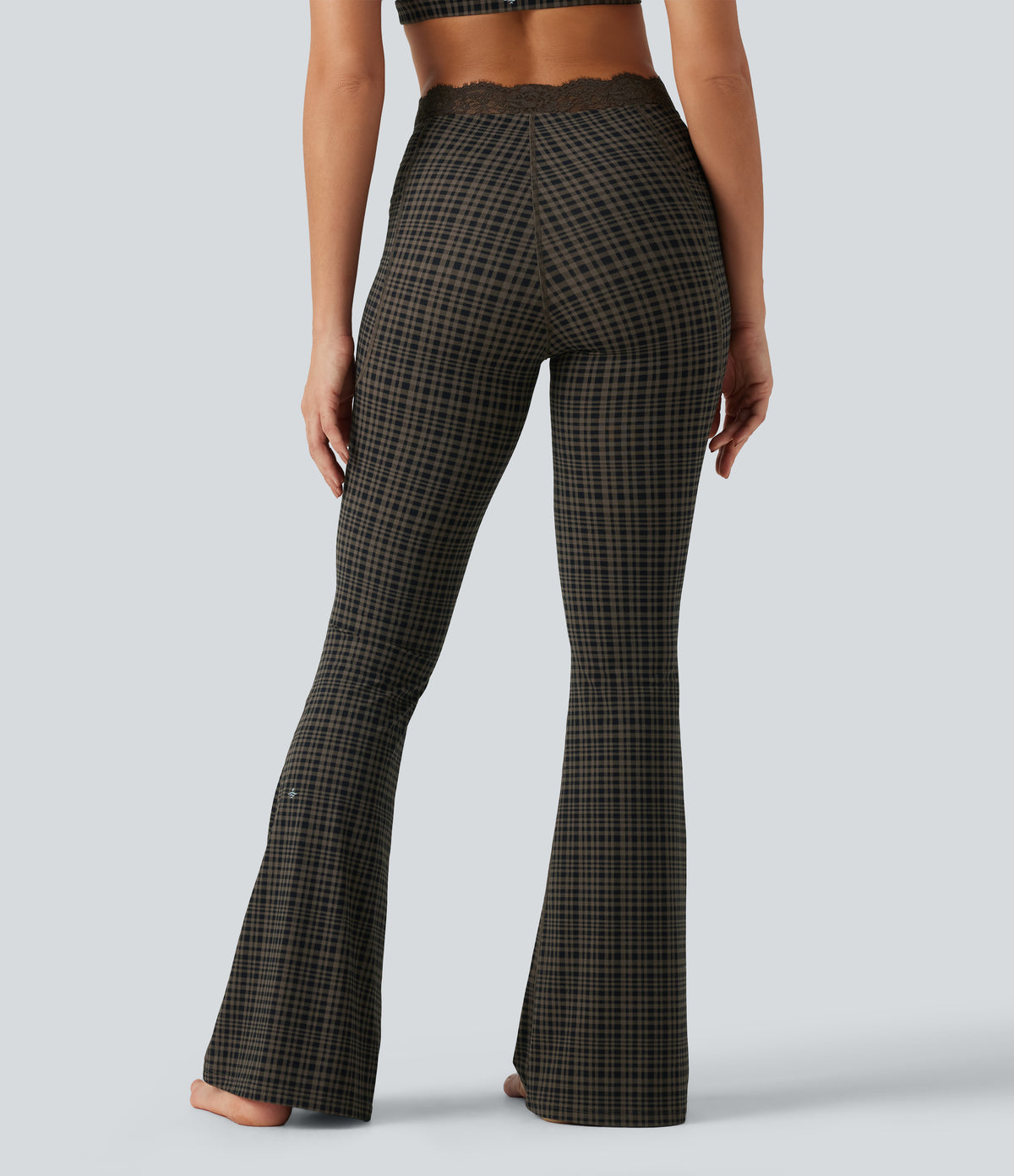 Plaid Print V-Shaped High Waisted Contrast Lace Yoga Flare Leggings with Pockets — Sandstone Check Plaid — view 2
