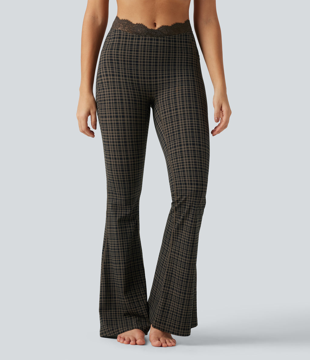 Plaid Print V-Shaped High Waisted Contrast Lace Yoga Flare Leggings with Pockets — Sandstone Check Plaid — view 3