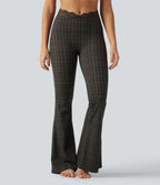 Plaid Print V-Shaped High Waisted Contrast Lace Yoga Flare Leggings with Pockets — Sandstone Check Plaid — view 3