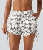 Mid Rise Gathered Hem Lace Up Polka Dot Casual Shorts 3" with Pockets — Snow Dots — view 4