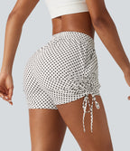 Mid Rise Gathered Hem Lace Up Polka Dot Casual Shorts 3" with Pockets — Snow Dots — view 3