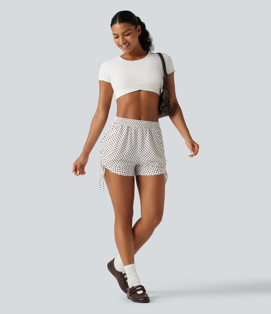 Mid Rise Gathered Hem Lace Up Polka Dot Casual Shorts 3" with Pockets — Snow Dots — view 7