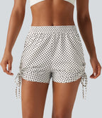 Mid Rise Gathered Hem Lace Up Polka Dot Casual Shorts 3" with Pockets — Snow Dots — view 2