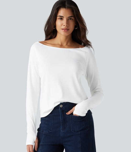Boat Neck Long Sleeve Thumb Hole Casual Pima Cotton T-Shirt — White — view 1