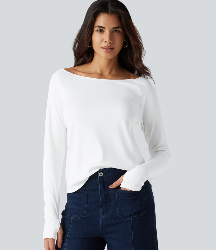 Boat Neck Long Sleeve Thumb Hole Casual Pima Cotton T-Shirt — White — view 1