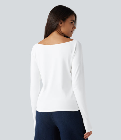 Boat Neck Long Sleeve Thumb Hole Casual Pima Cotton T-Shirt — White — view 2