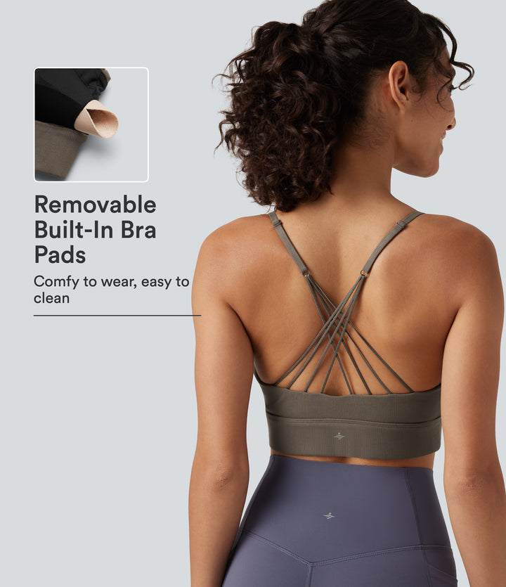 Ribbed Knit Low Support V Neck Built-in Bra Crisscross Yoga Sports Bra — Dawn Brown — view 1