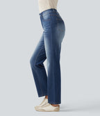 High Waisted Tummy Control Straight Leg Washed Casual Jeans with Pockets — Baja Blue Denim — view 4