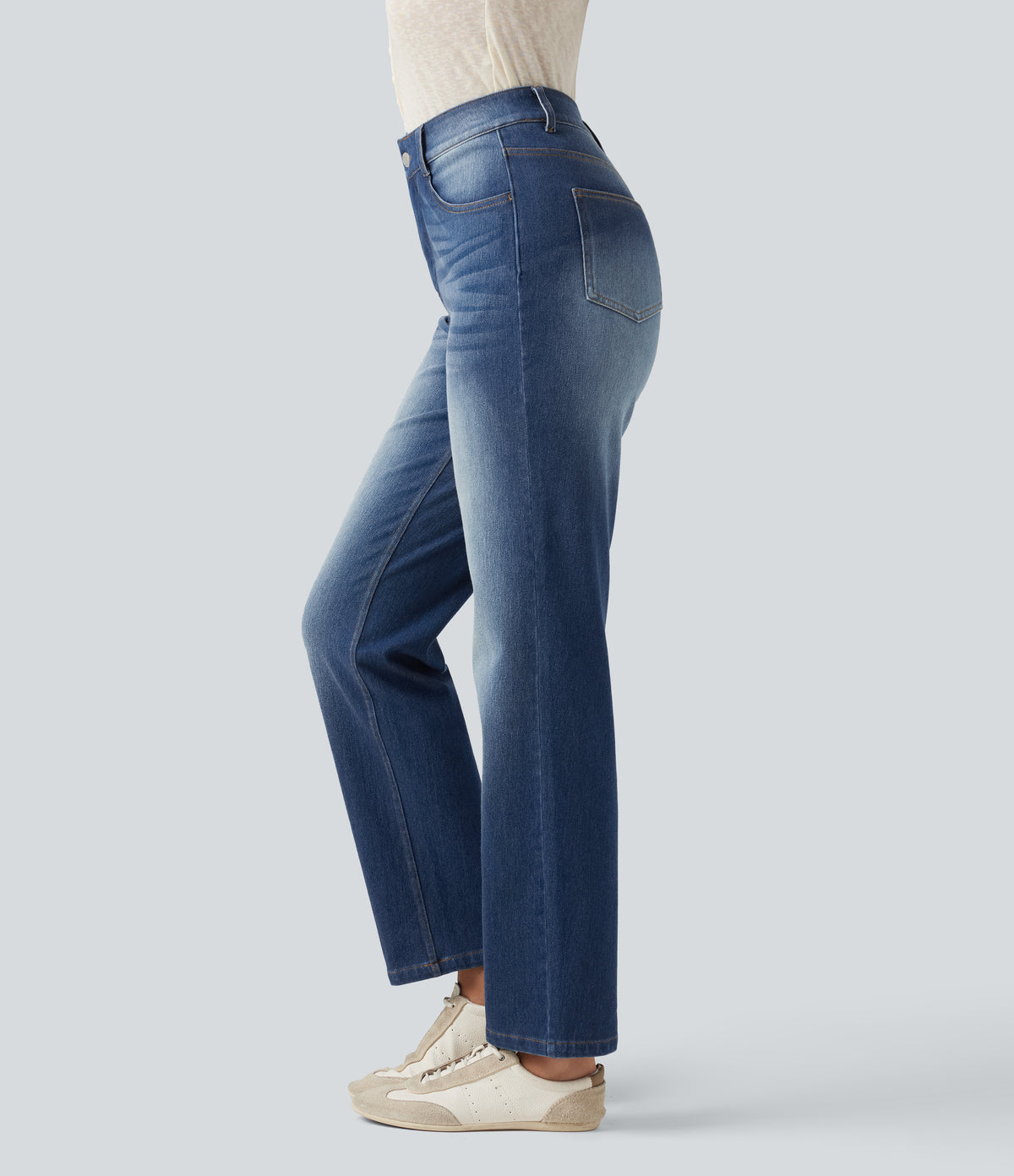 High Waisted Tummy Control Straight Leg Washed Casual Jeans with Pockets — Baja Blue Denim — view 4