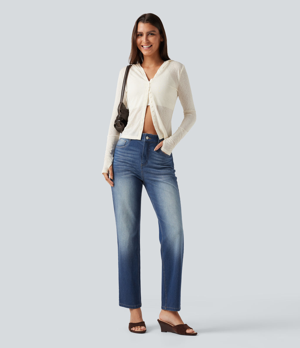High Waisted Tummy Control Straight Leg Washed Casual Jeans with Pockets — Baja Blue Denim — view 7