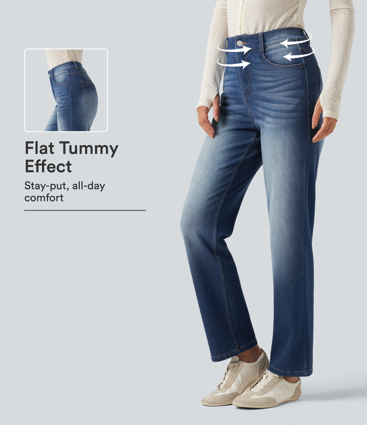High Waisted Tummy Control Straight Leg Washed Casual Jeans with Pockets — Baja Blue Denim — view 1