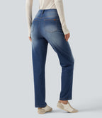 High Waisted Tummy Control Straight Leg Washed Casual Jeans with Pockets — Baja Blue Denim — view 2