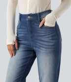 High Waisted Tummy Control Straight Leg Washed Casual Jeans with Pockets — Baja Blue Denim — view 5
