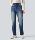 High Waisted Tummy Control Straight Leg Washed Casual Jeans with Pockets — Baja Blue Denim — view 3